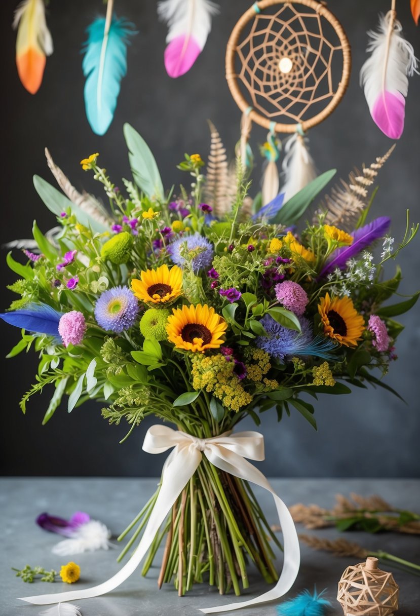 A colorful bouquet of wildflowers and greenery tied with ribbon, surrounded by whimsical feathers and dreamcatcher elements