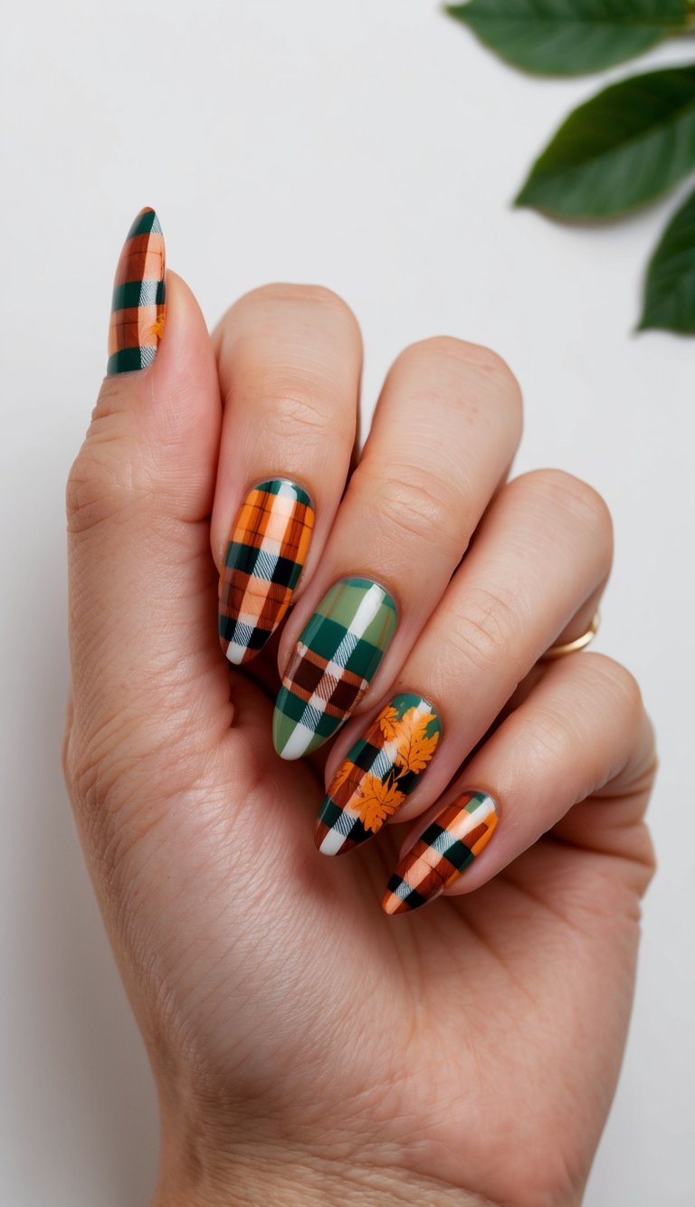 A colorful plaid patterned nail art design with autumn-themed accents