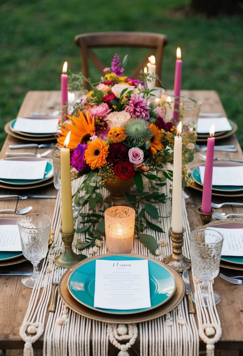 A bohemian-inspired wedding table adorned with vibrant flowers, macramé runners, and eclectic mix of vintage candles and mismatched tableware