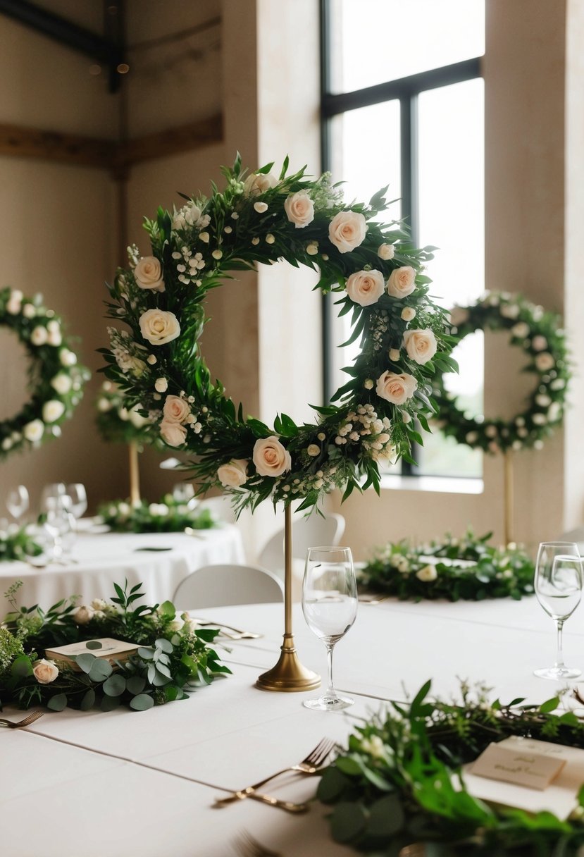 Floral wreaths arranged as centerpieces on simple wedding tables