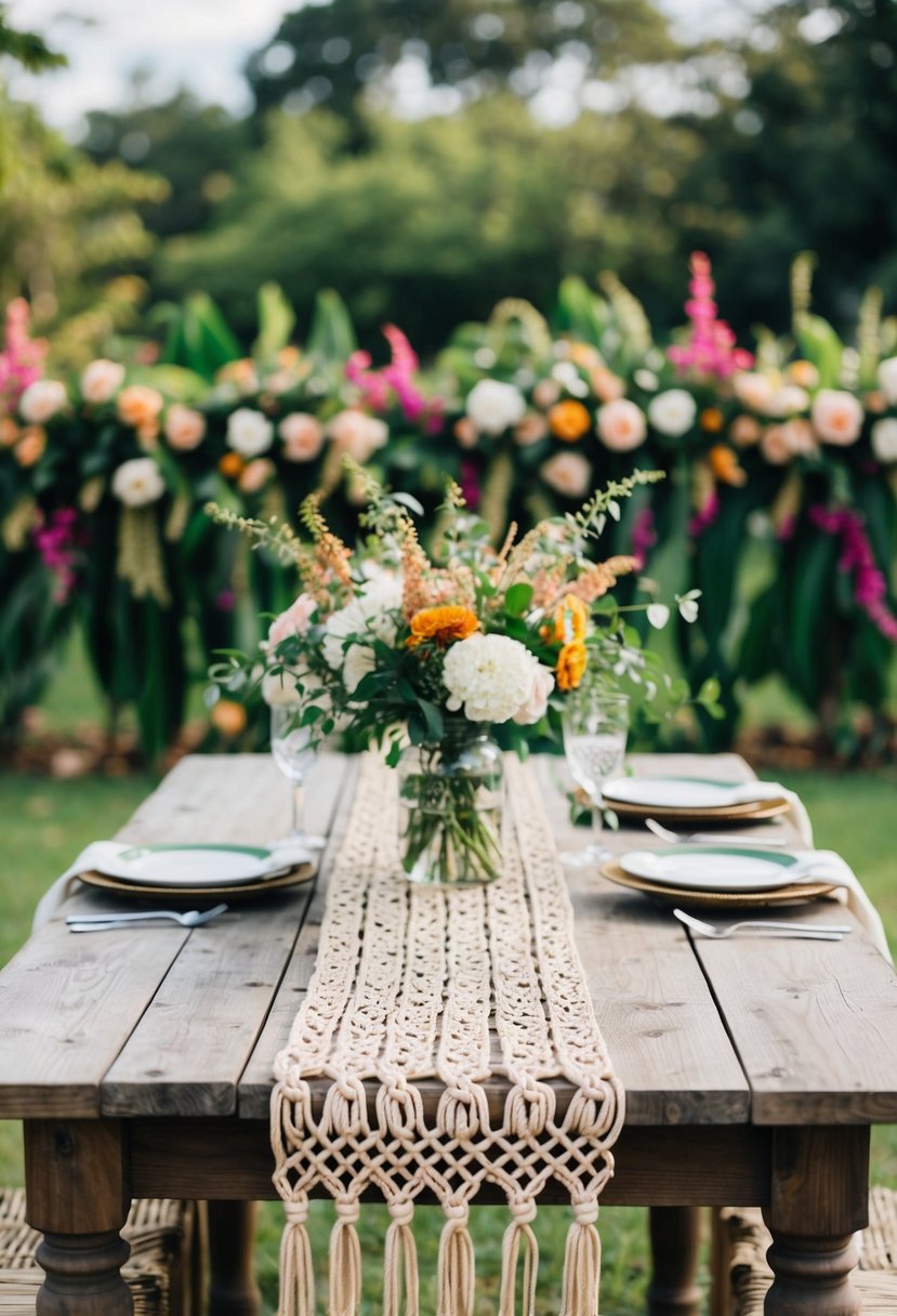 A rustic wooden table adorned with macramé table runners, set against a backdrop of lush greenery and vibrant florals