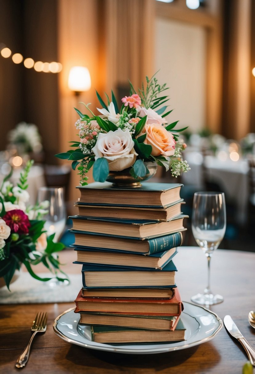 A vintage book stack with floral arrangements serves as a simple wedding table centerpiece