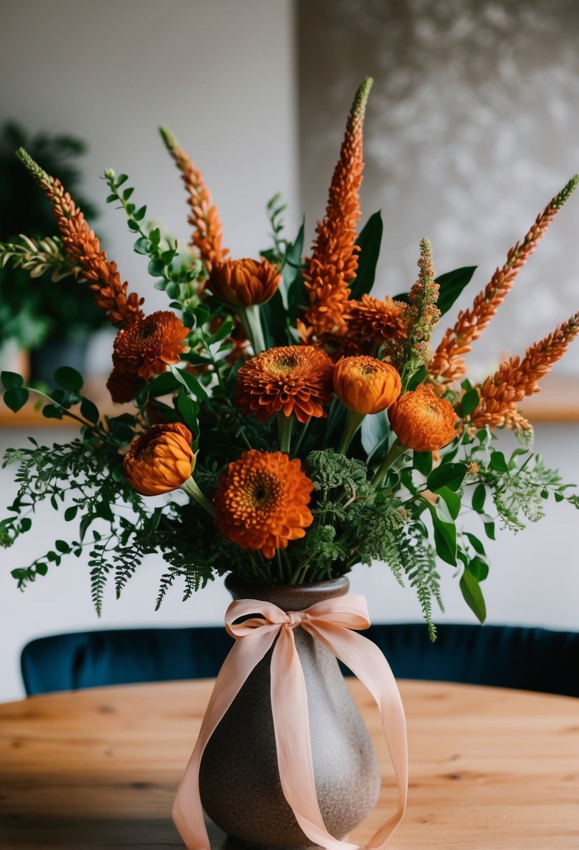 A vibrant bouquet of terracotta-colored flowers and greenery, tied with a bohemian-inspired ribbon, sits in a rustic vase on a wooden table