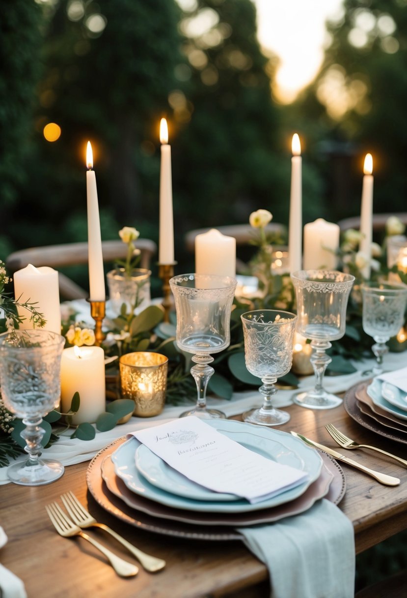 A table adorned with vintage glassware, candles, and bohemian accents for a romantic wedding setting