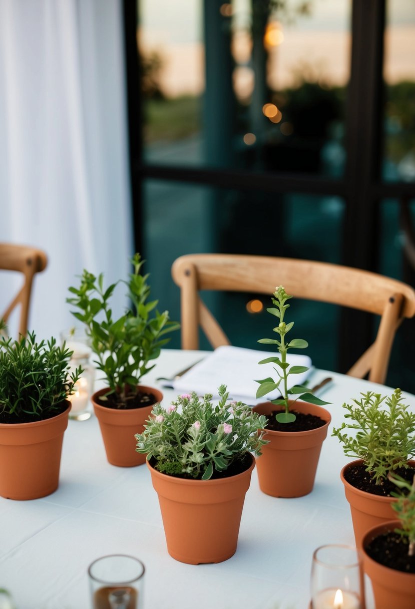 Several small potted plants arranged as table decorations for a simple wedding