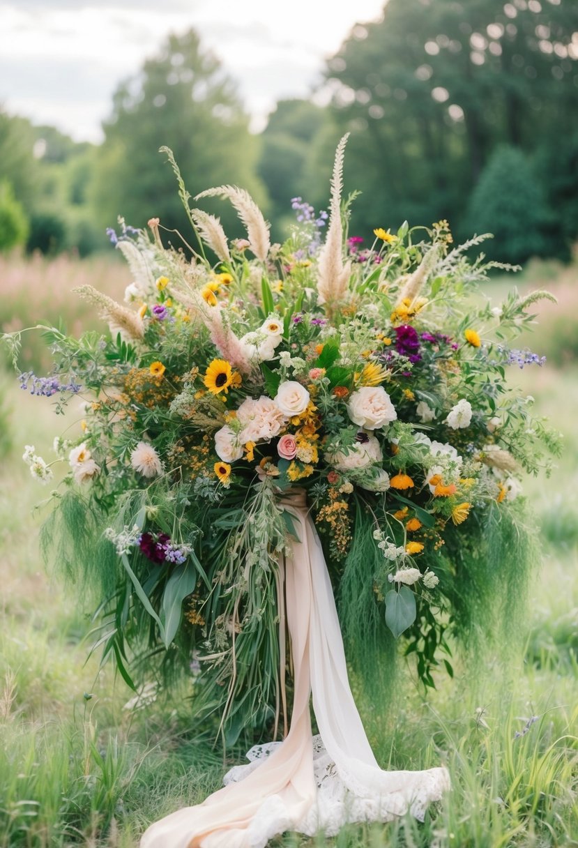 A lush, oversized bohemian wedding bouquet overflowing with vibrant wildflowers and cascading greenery, tied with flowing ribbons and delicate lace