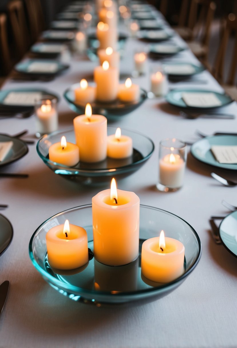 Floating candles in water bowls adorn simple wedding tables