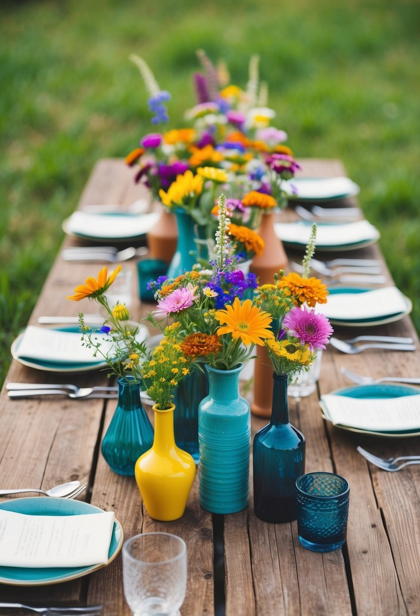 A rustic wooden table adorned with vibrant wildflower vases in assorted shapes and sizes, creating a bohemian wedding centerpiece