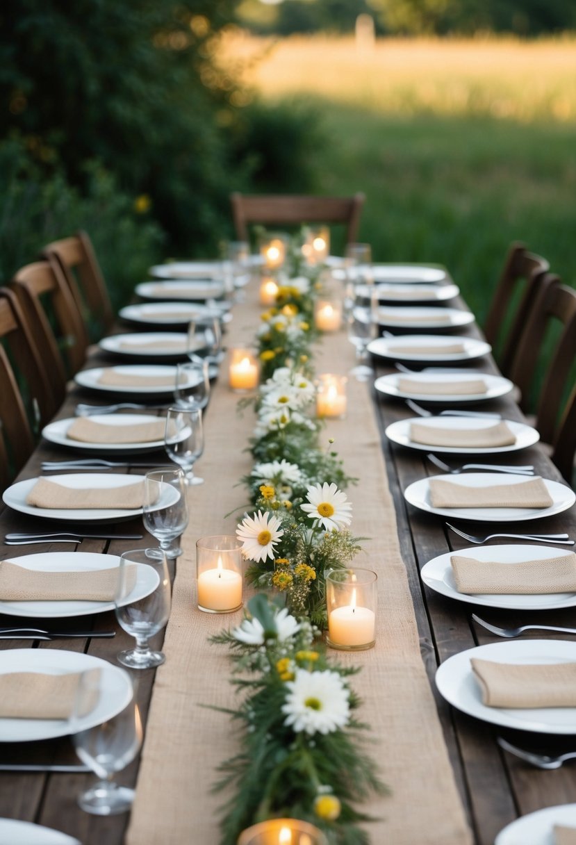 A wooden table set with burlap runners, adorned with simple wildflower arrangements and flickering candlelight