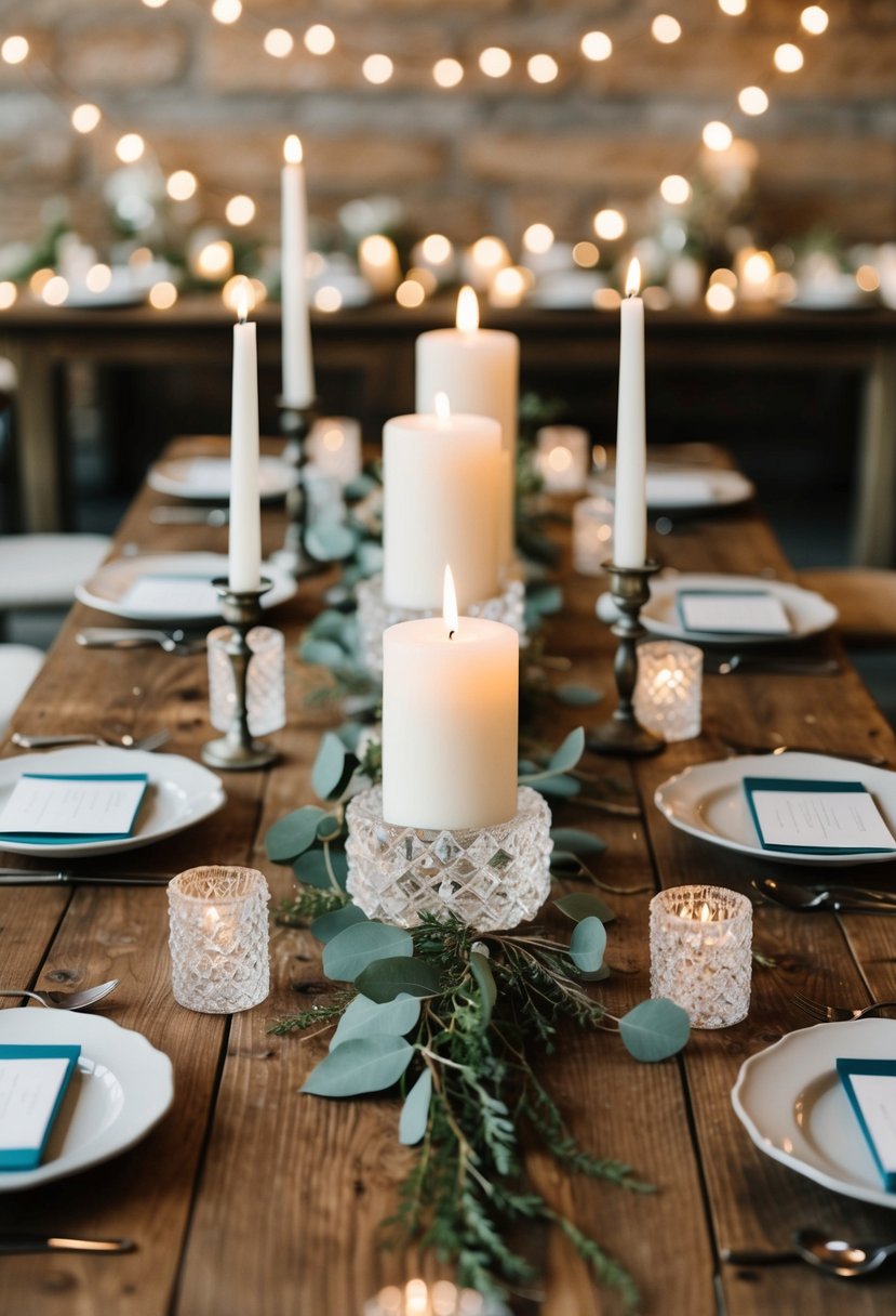 A rustic wooden table adorned with handmade crystal candles, surrounded by bohemian wedding decor