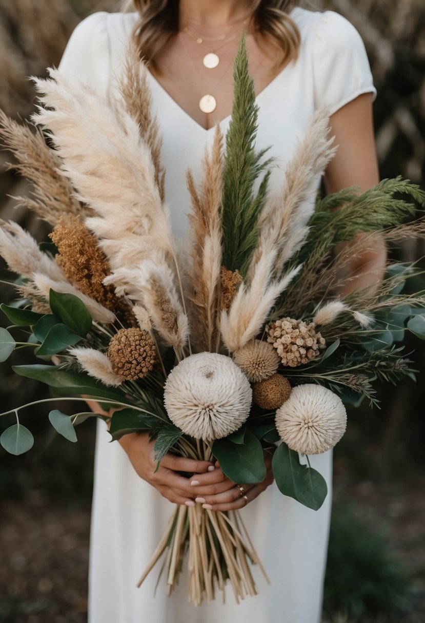 A rustic bouquet of pampas grass, dried flowers, and greenery arranged in a bohemian style with a natural and earthy feel