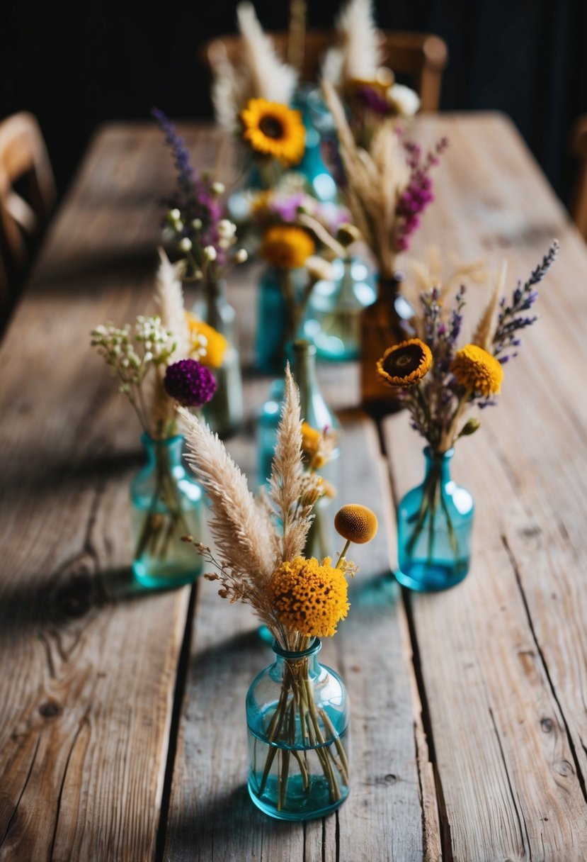 A rustic wooden table adorned with mini dried flower bouquets in assorted glass vases, creating a boho chic wedding centerpiece