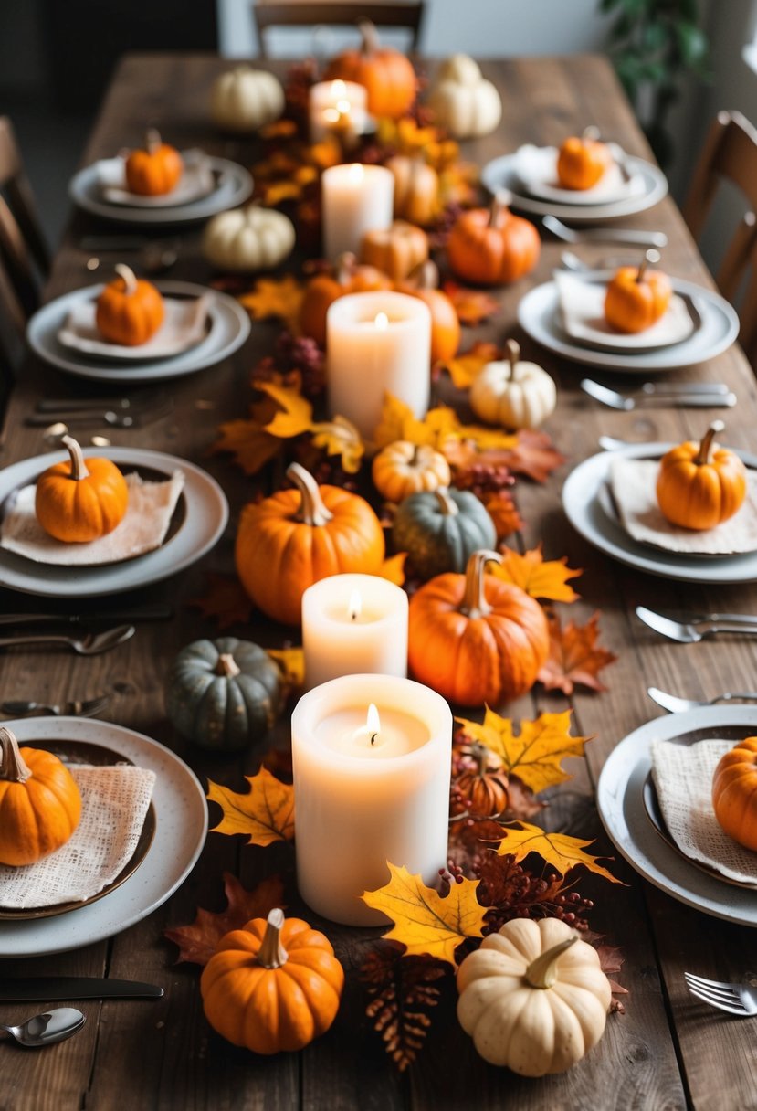 A rustic wooden table adorned with faux autumn leaves, candles, and simple centerpieces of pumpkins and gourds