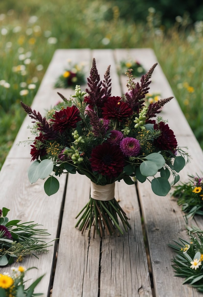 A rustic wooden table adorned with a Burgundy Bliss Bouquet surrounded by scattered wildflowers and greenery