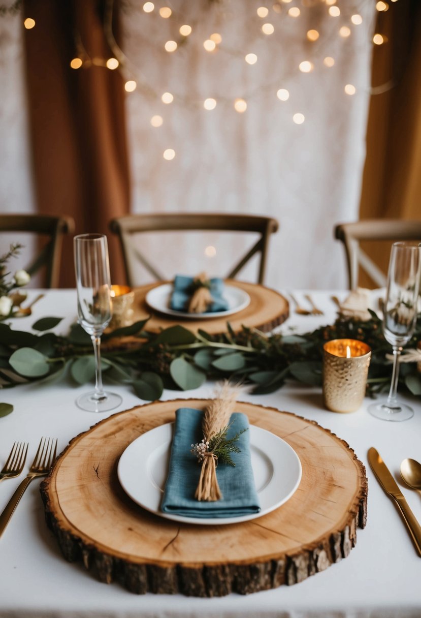 A bohemian wedding table adorned with rustic wood slice chargers, set against a backdrop of earthy tones and natural textures