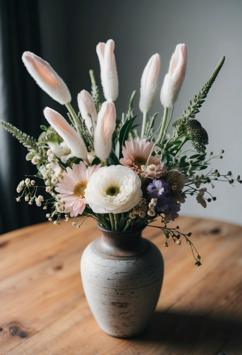 A bouquet of delicate bunny tails, mixed with other bohemian flowers, arranged in a rustic vase on a wooden table