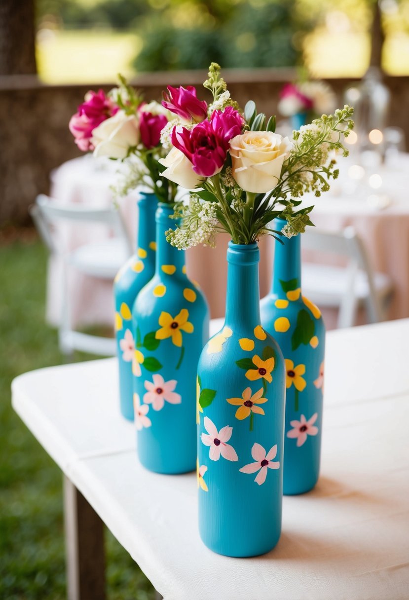 Painted wine bottles filled with flowers, arranged on a simple wedding table