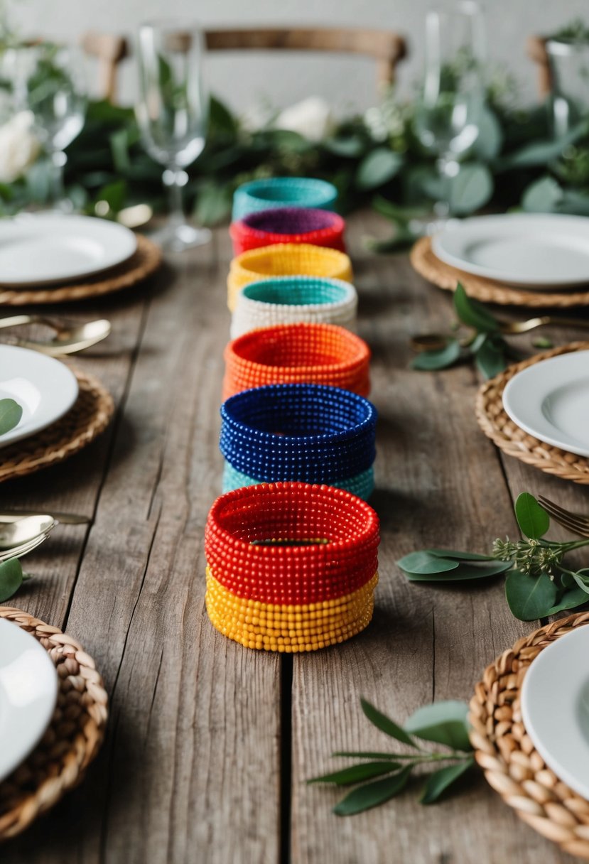 Colorful beaded napkin rings arranged on a rustic wooden table with bohemian decor and greenery accents