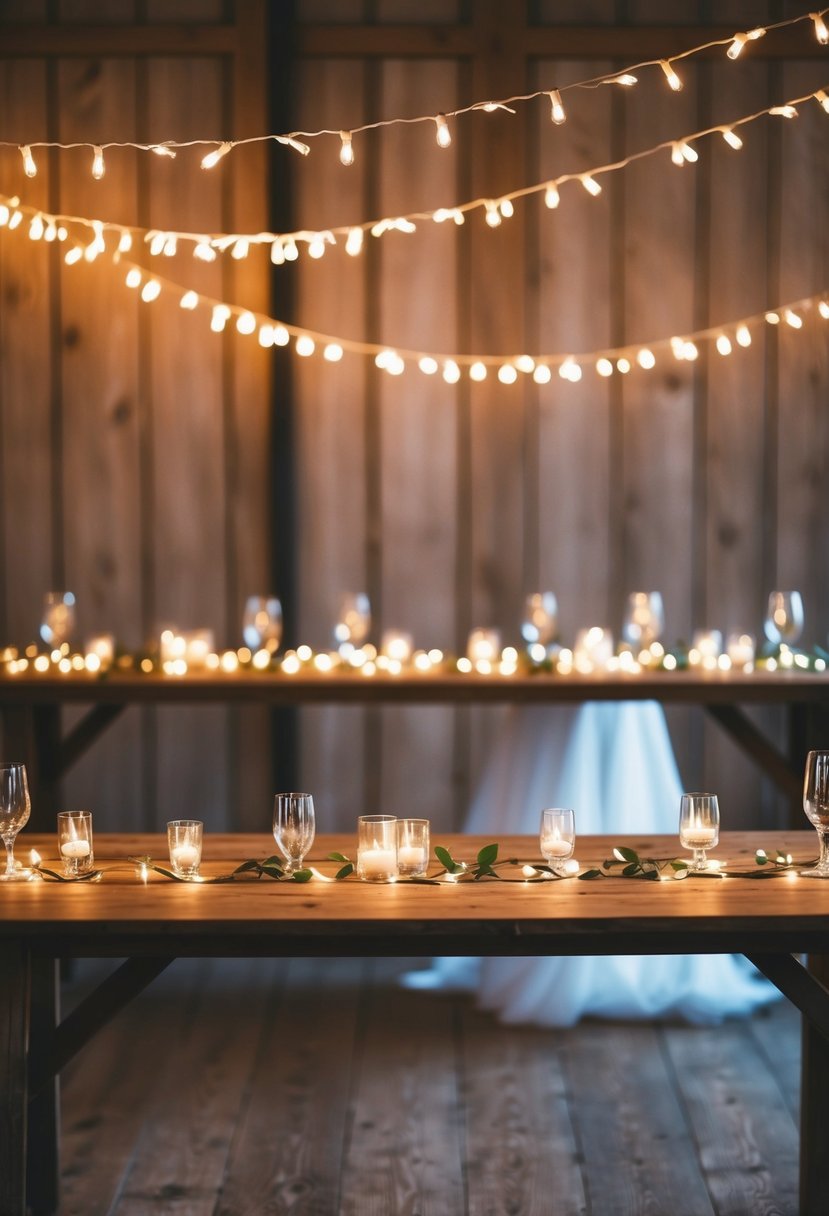 A rustic wooden table adorned with delicate string fairy lights, casting a warm and romantic glow over simple yet elegant wedding decor