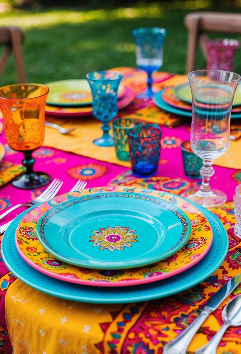 A table set with vibrant, mismatched boho-inspired tableware, featuring colorful plates, patterned napkins, and eclectic glassware