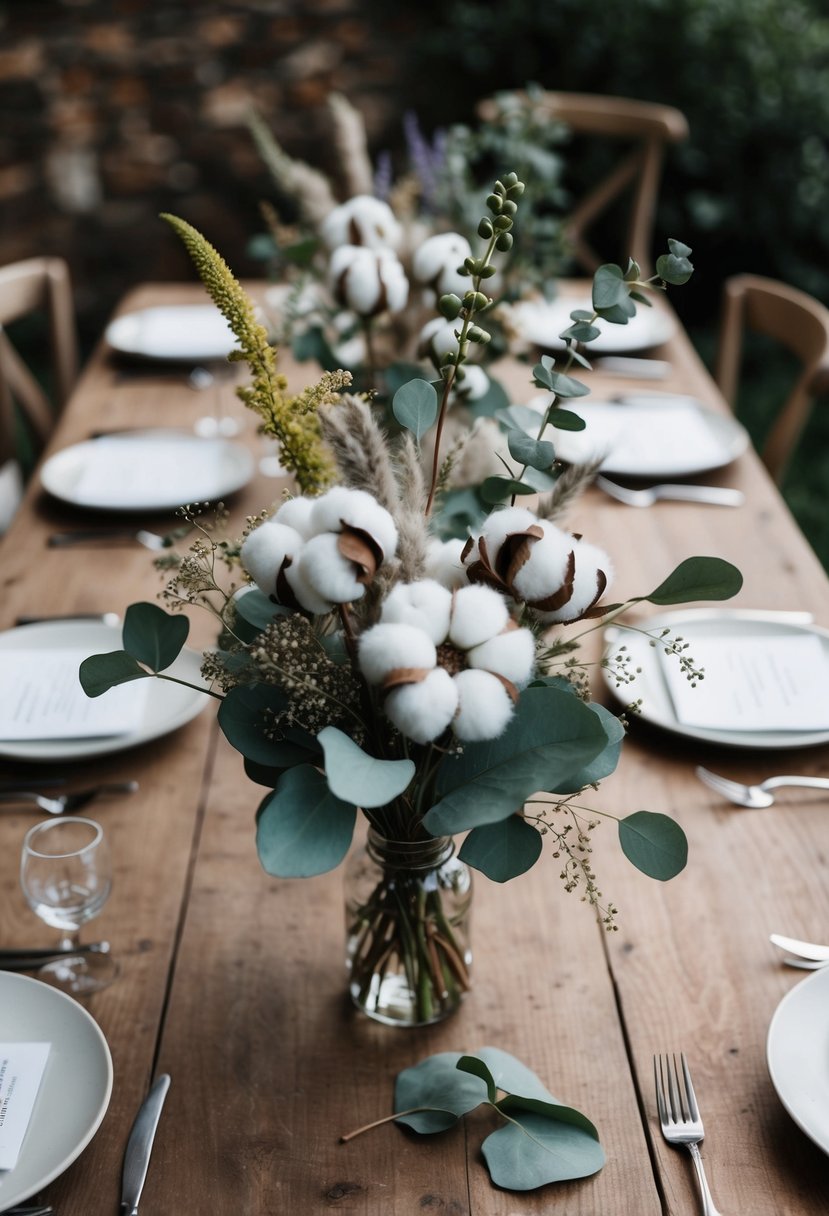 A rustic table adorned with cotton stems, eucalyptus, and delicate wildflowers in a bohemian wedding bouquet