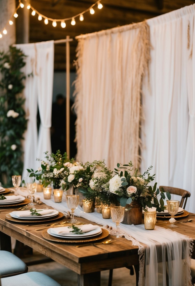 A rustic wooden table adorned with bohemian decor and distressed backdrops for a wedding reception