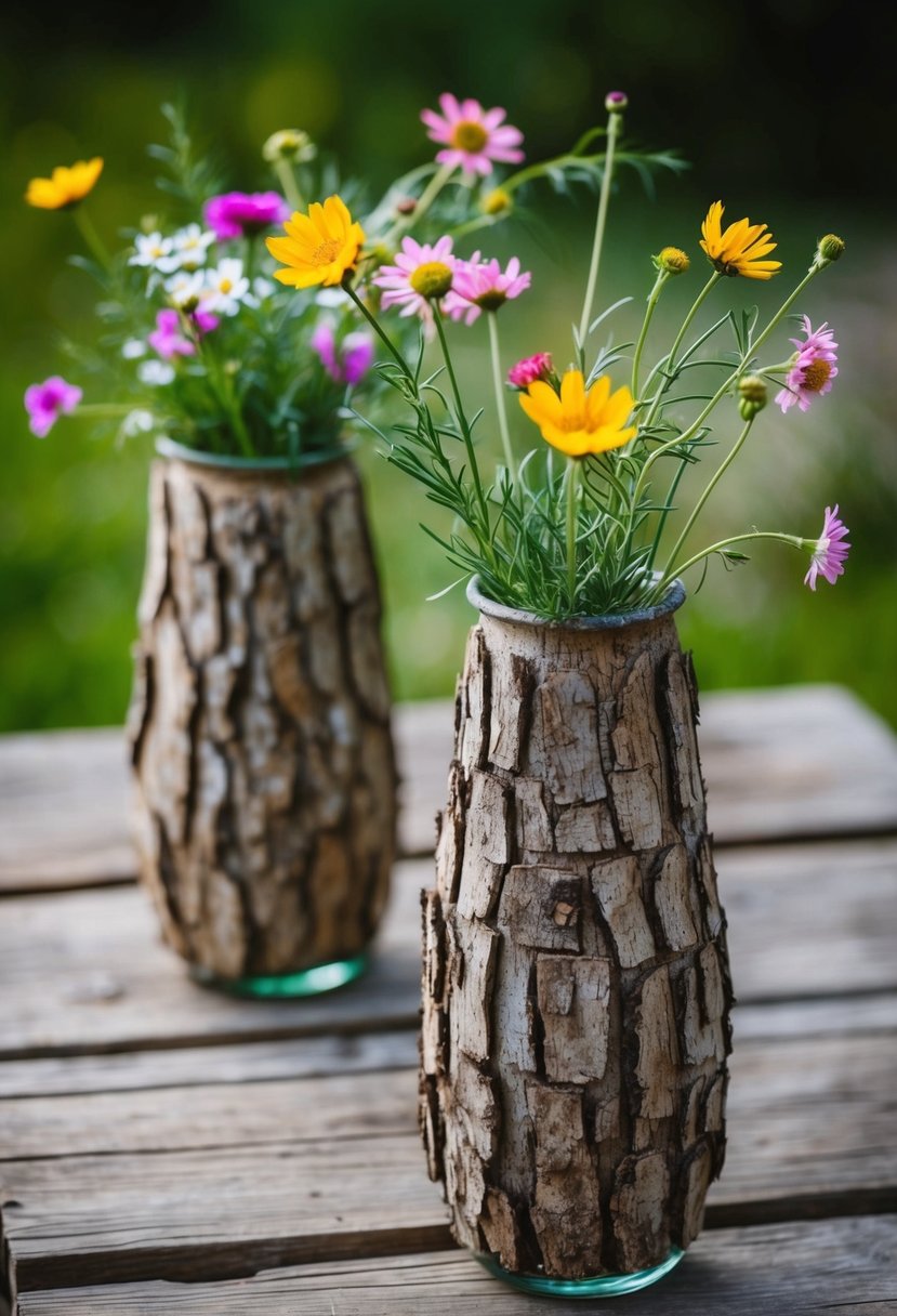 Bark-covered vases with wildflowers on rustic wooden tables