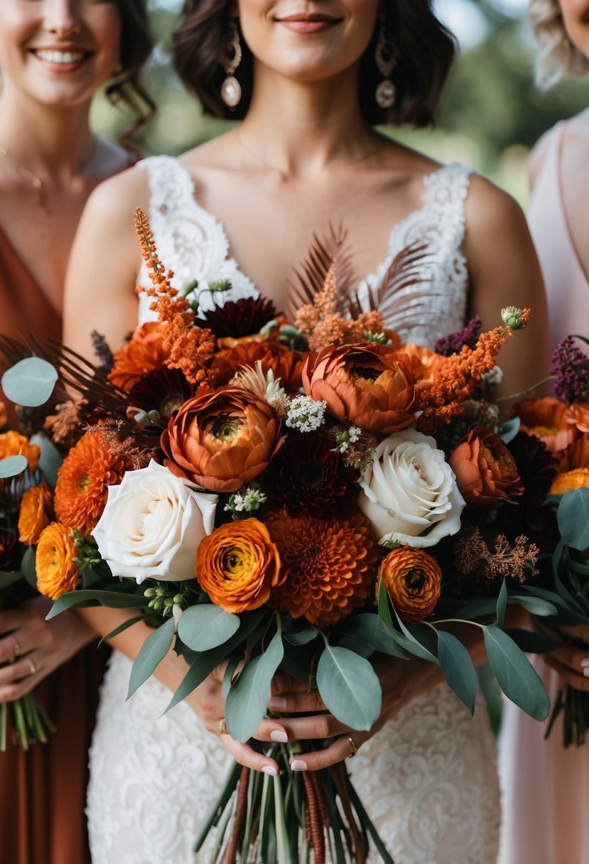 A vibrant mix of terracotta, tango, and boho elements in a wedding bouquet