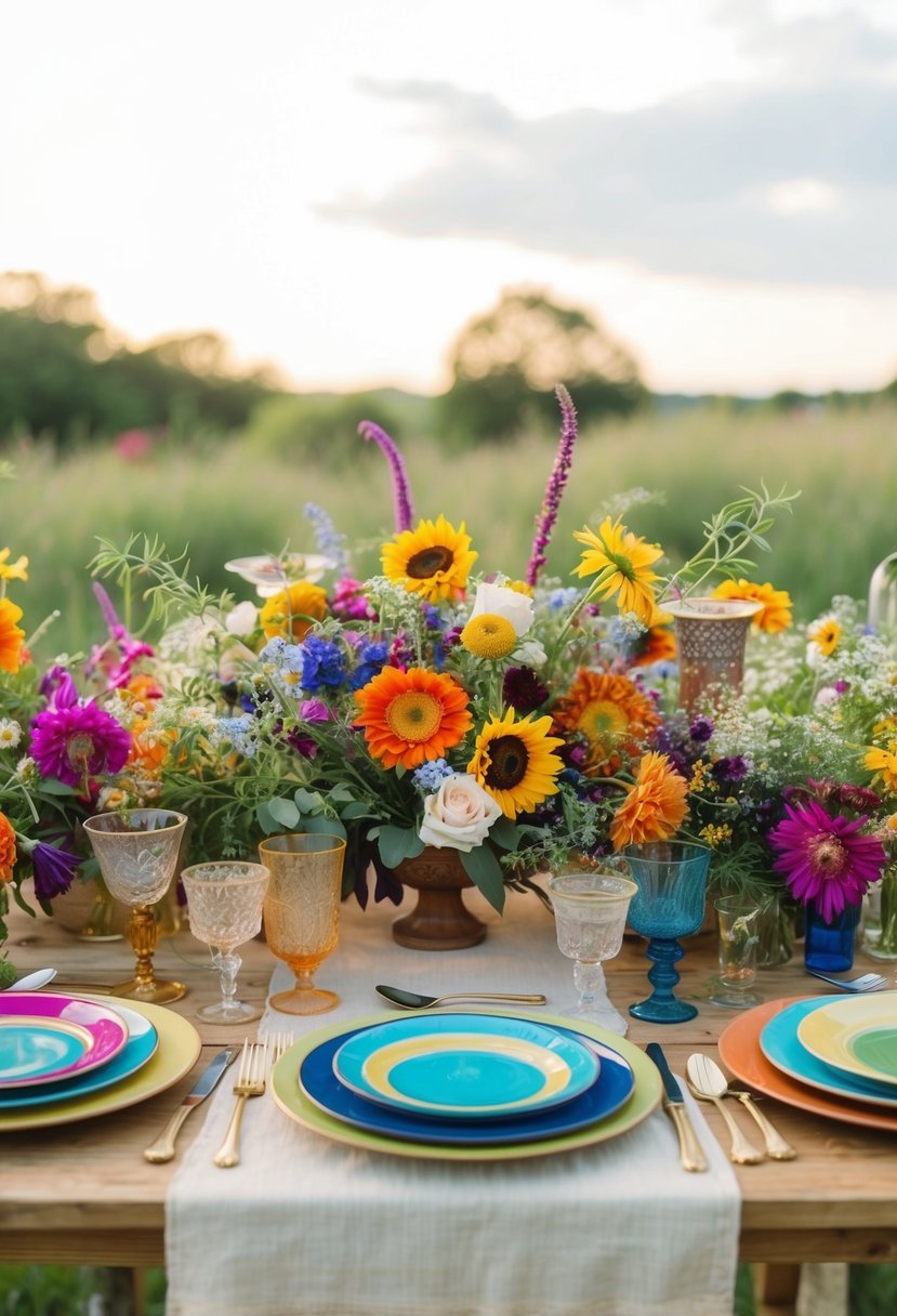 An array of colorful mismatched plates, vintage glassware, and wildflower centerpieces adorn an outdoor bohemian wedding table