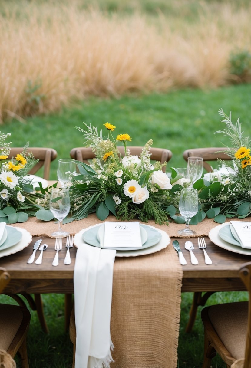 A rustic wedding table adorned with layered burlap and linen, adorned with wildflowers and greenery