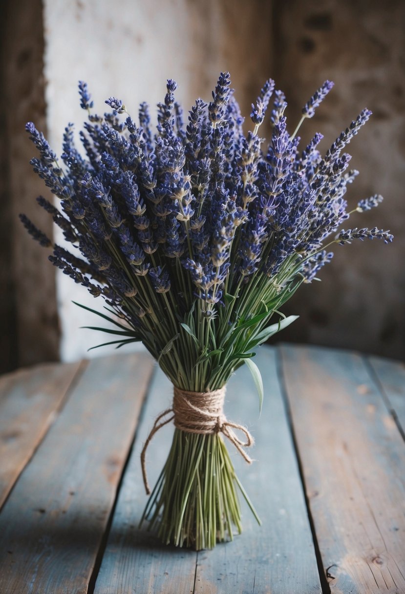 A rustic bouquet of lavender and wheat, tied with twine, sits on a weathered wooden table