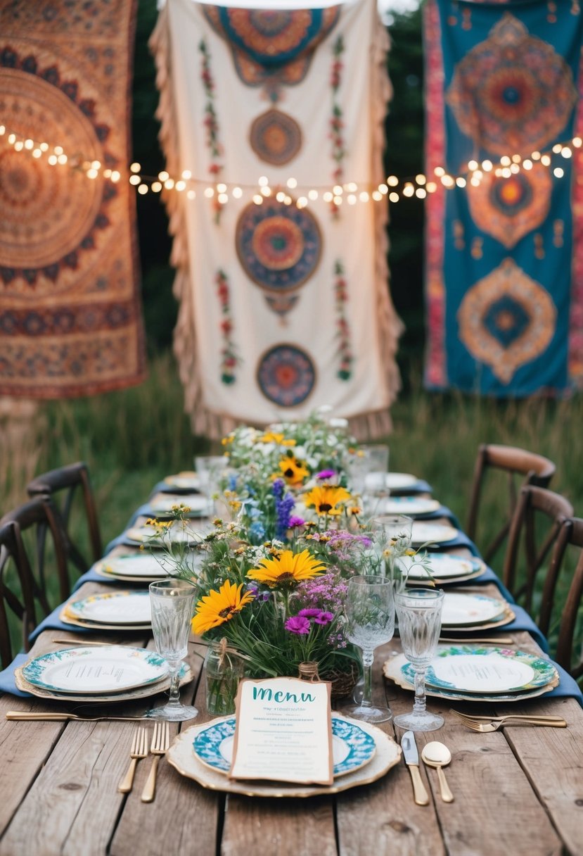 A rustic wooden table adorned with wildflowers, vintage plates, and hand-painted menus, set against a backdrop of bohemian tapestries and twinkling fairy lights