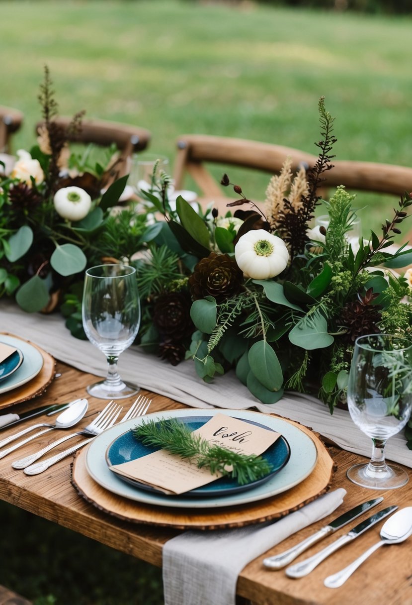 A rustic wooden table adorned with earthy boho wedding utensils and greenery centerpiece