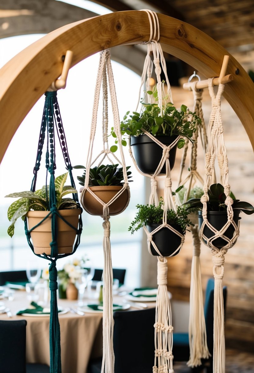 An assortment of macramé plant hangers in various colors and designs hang from a wooden arch, creating a bohemian and eclectic atmosphere for a wedding table decoration