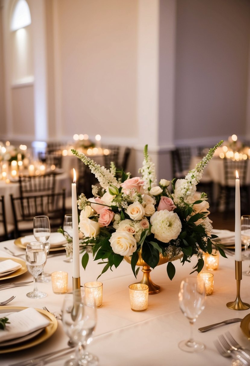 A beautifully adorned wedding table with elegant floral centerpieces and sparkling candlelight