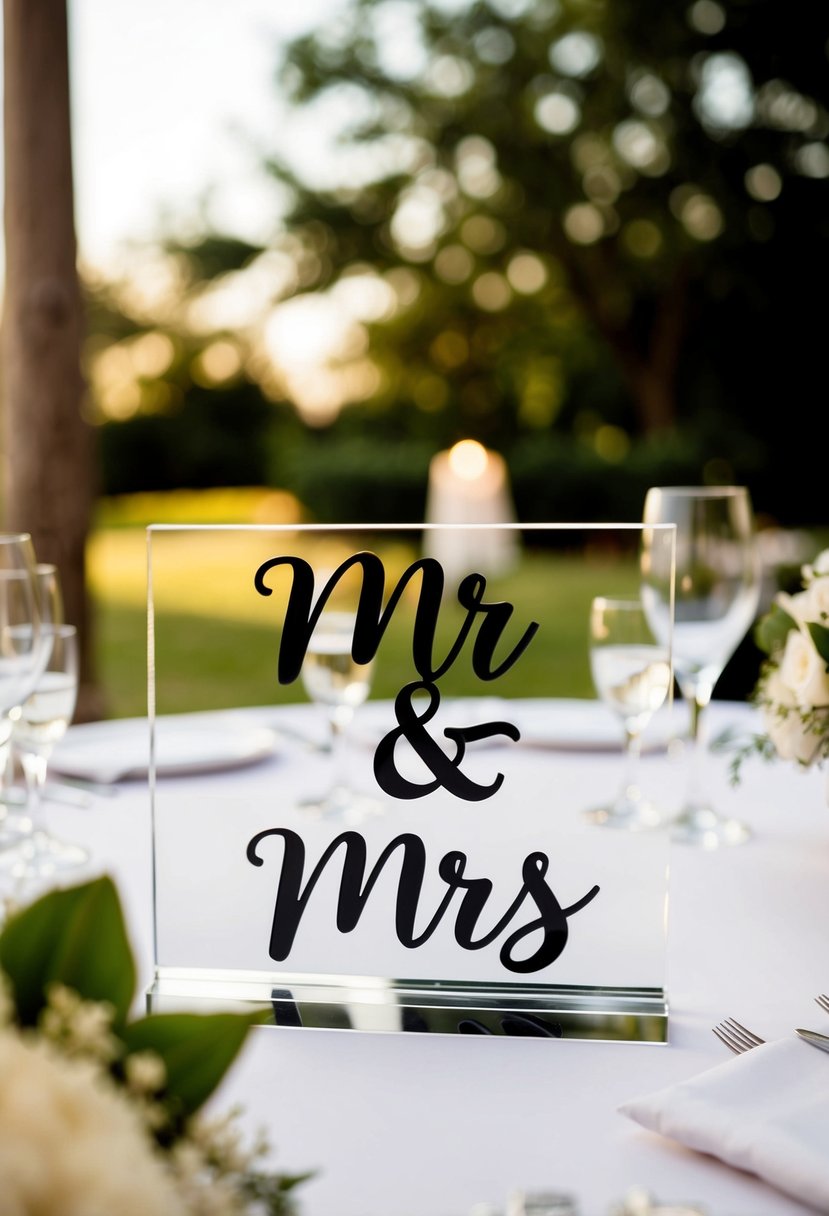 A clear acrylic sign with "Mr & Mrs" sits on a decorated wedding table