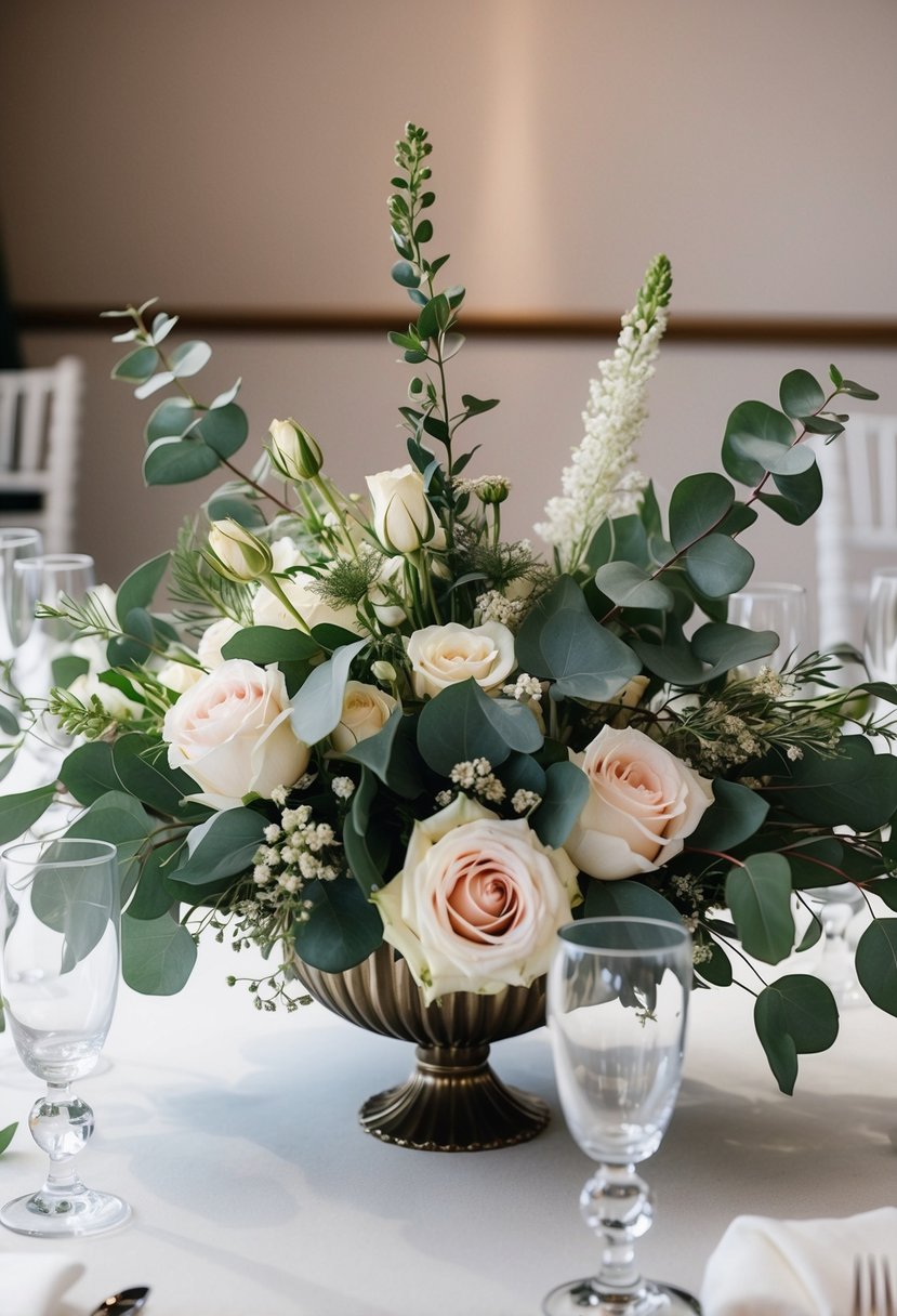 A lush floral centerpiece featuring eucalyptus, roses, and other delicate blooms adorns the elegant mr and mrs wedding table