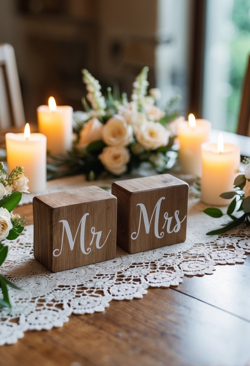 A rustic wooden "Mr and Mrs" block set sits on a lace table runner surrounded by delicate floral arrangements and flickering candlelight