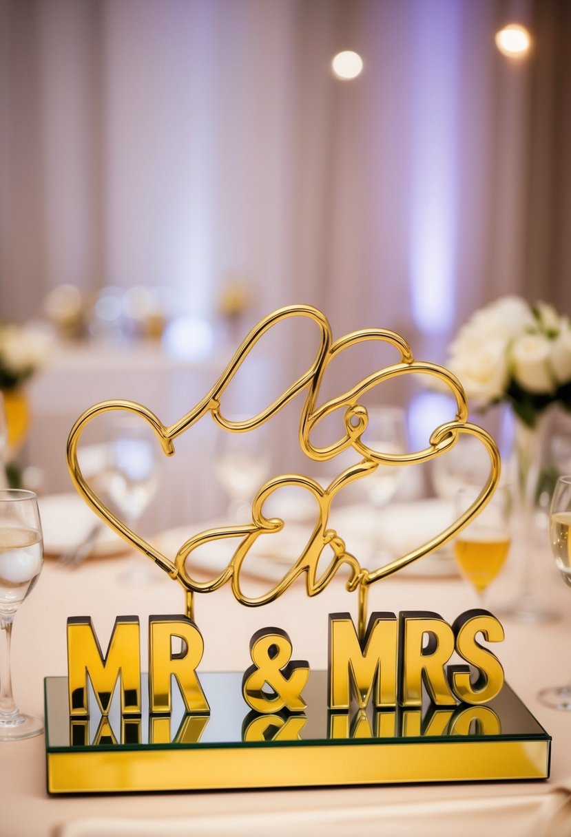 A gold mirrored tabletop sign with "mr and mrs" for a wedding table decoration