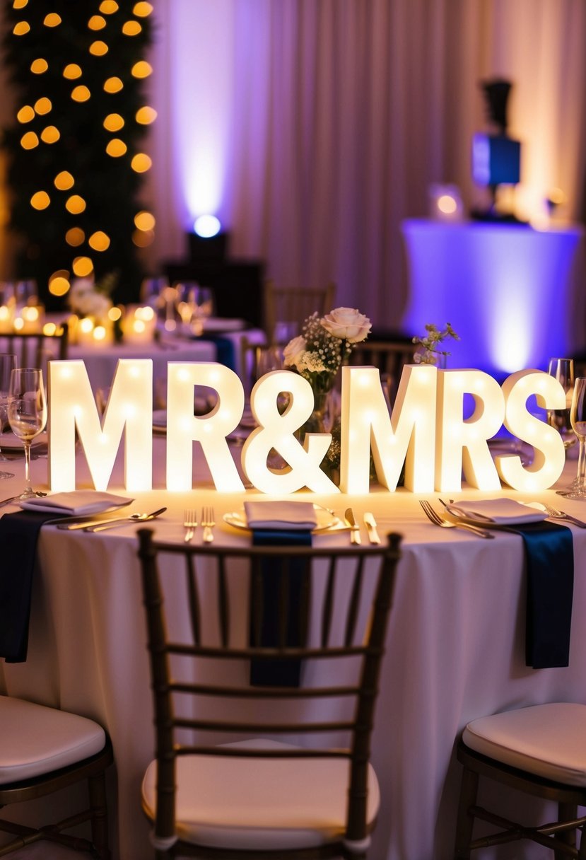 A table set for a wedding with illuminated LED Mr & Mrs letters as the centerpiece