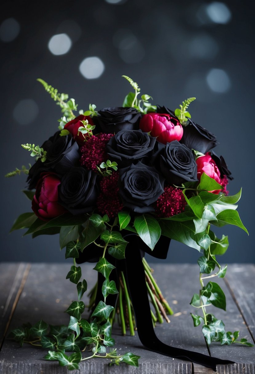 A dark bouquet of black roses, deep red peonies, and cascading ivy, tied with a black velvet ribbon