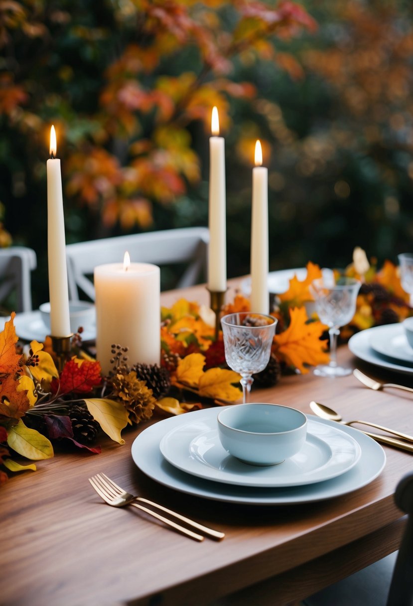 An elegant table set with autumn foliage, candles, and simple white dishes