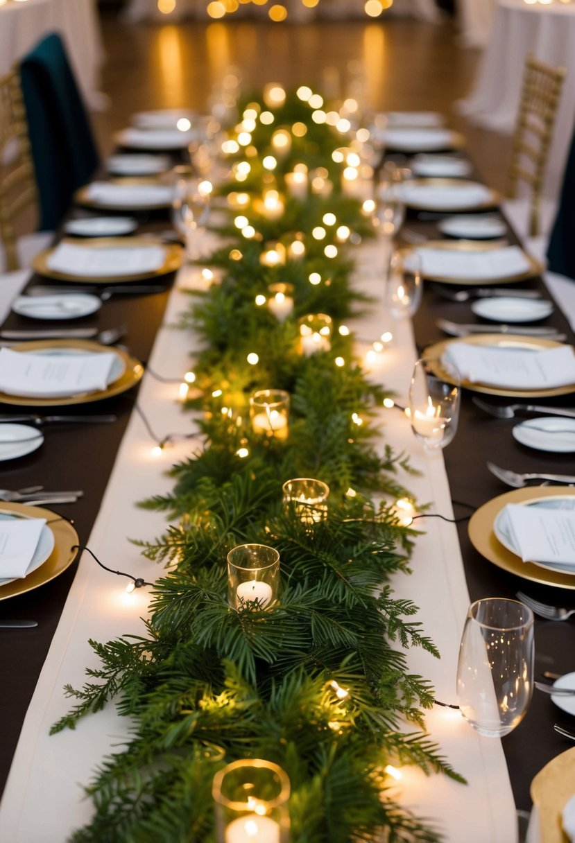 A garland runner adorned with twinkling fairy lights cascades down the center of a wedding table, creating a romantic and enchanting ambiance