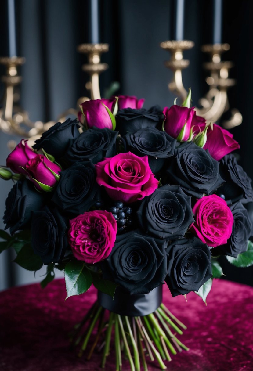 A striking bouquet of black roses and dark fuchsia flowers arranged in a gothic and elegant style