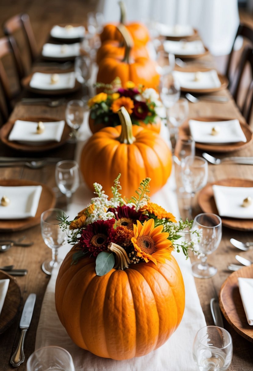 Pumpkins filled with flowers adorn a rustic wedding table, creating a simple and charming autumnal centerpiece