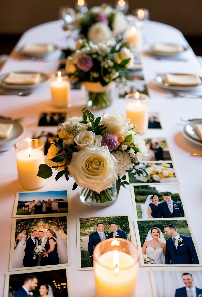 A table adorned with a collage of wedding photos, flowers, and candles, creating a romantic and elegant centerpiece for the Mr. and Mrs. wedding table