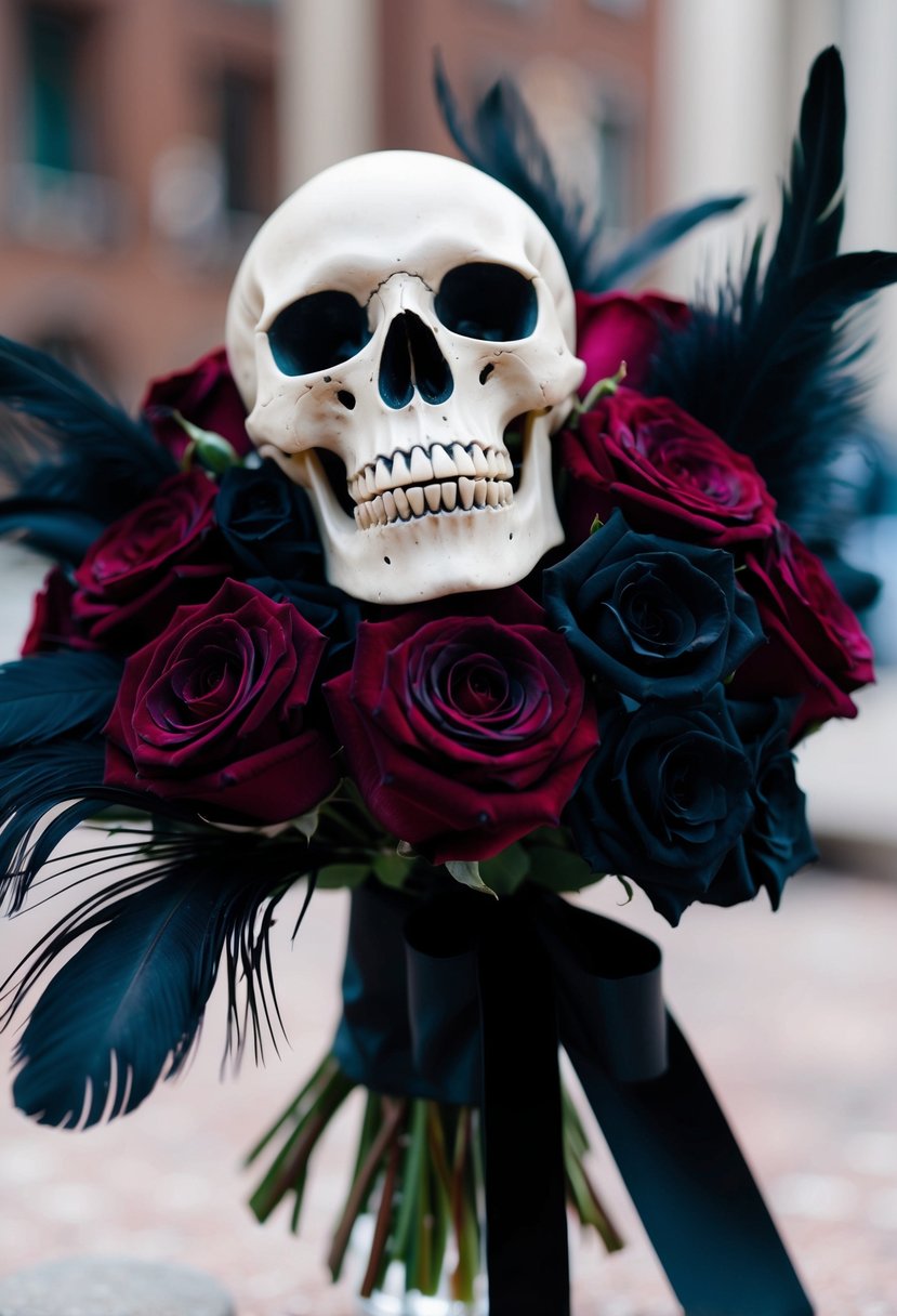 A skull statement with a velvet ribbon, surrounded by dark roses and black feathers, creating a gothic wedding bouquet