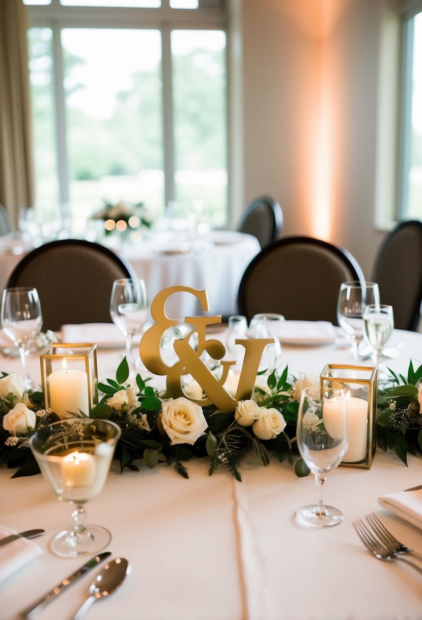 A beautifully decorated wedding table with custom bride and groom initials as the centerpiece