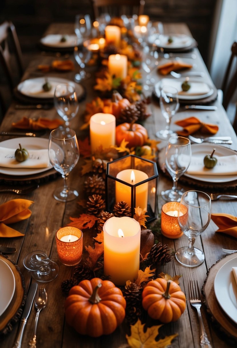 Autumn-themed table with rustic wooden decor, adorned with warm candlelight for a cozy wedding ambiance