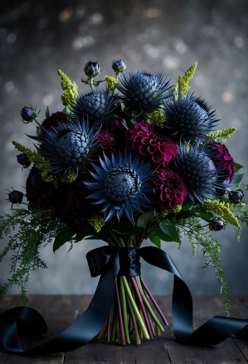 A dark and moody bouquet featuring deep blue thistles and rich, velvety dahlias, accented with cascading greenery and black ribbon